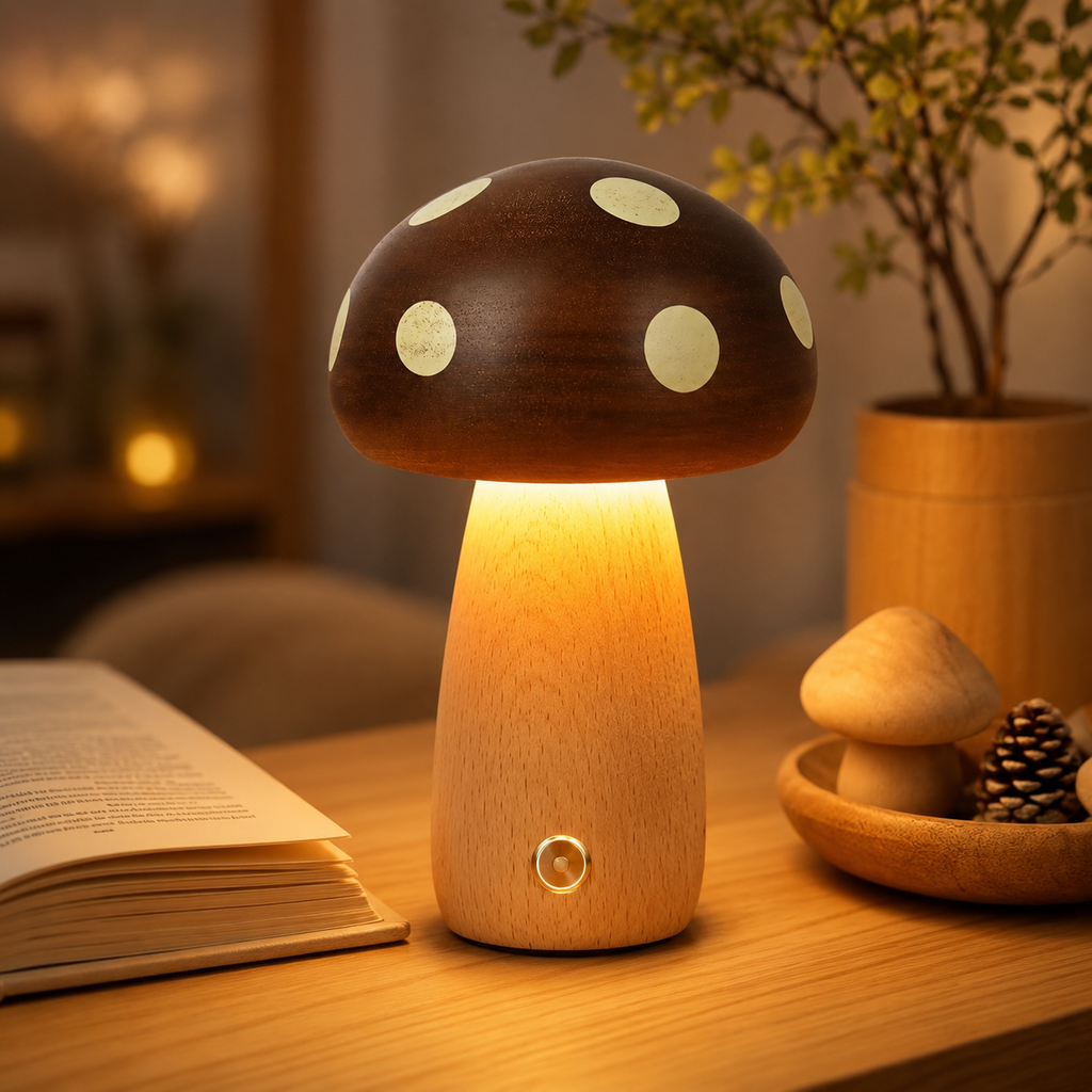 Lampe Champignon Bois Massif — Veilleuse Cosy Lumière Douce