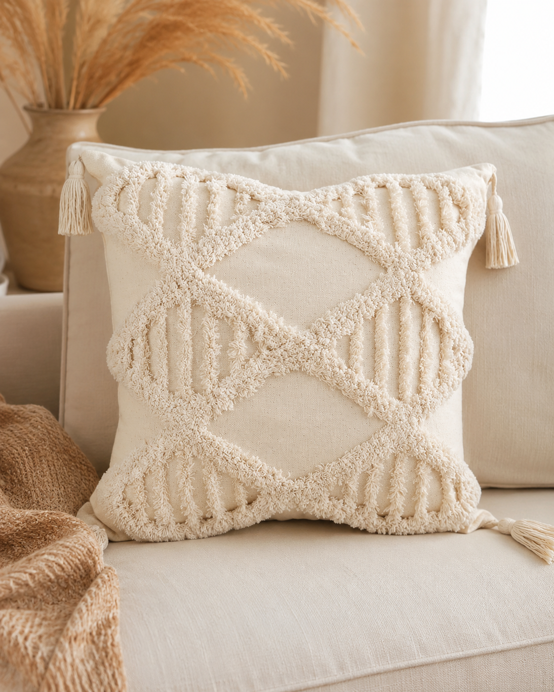 Housse de Coussin Touffetée 100% Coton — Détail Texturé