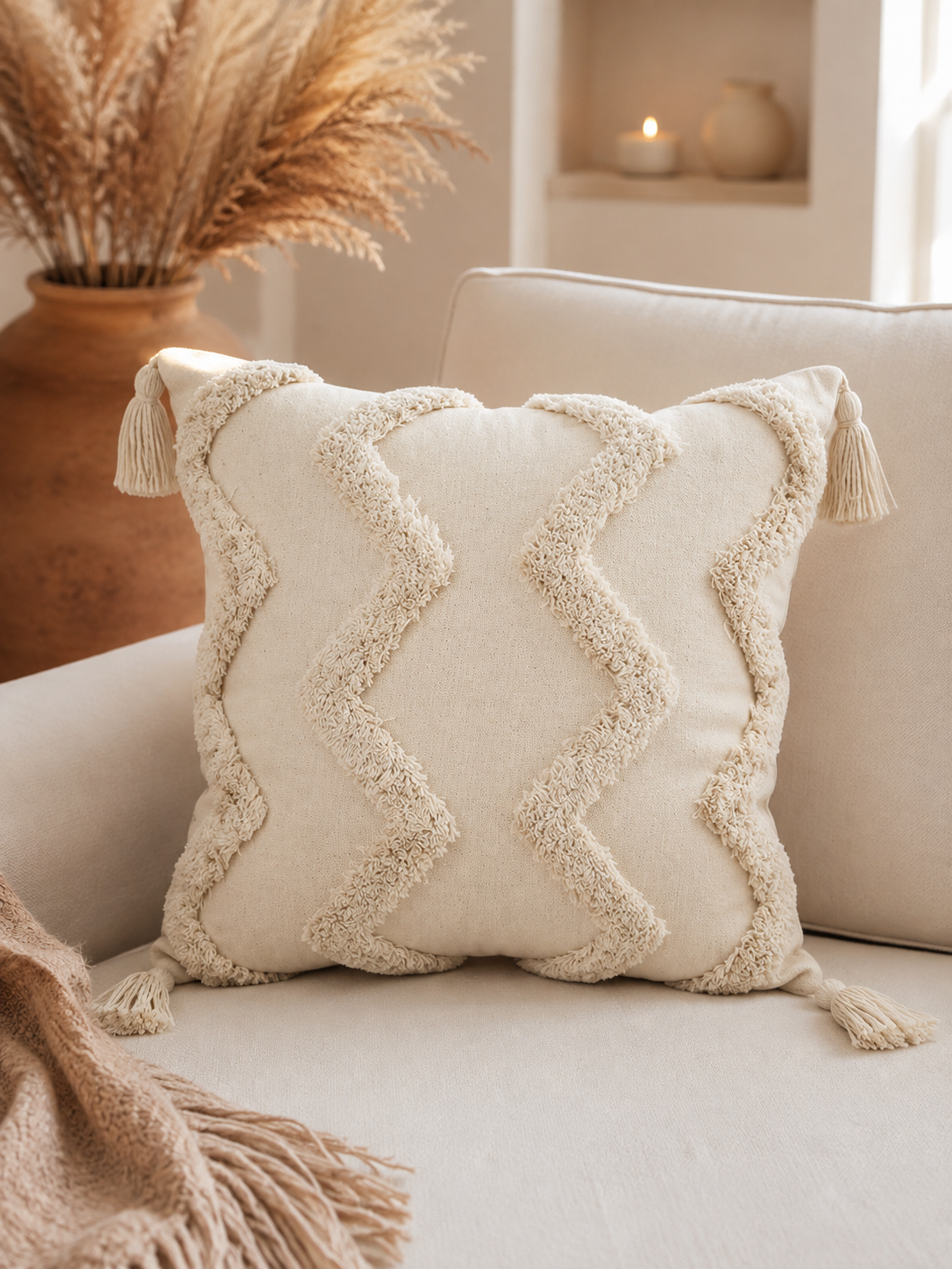 Housse de Coussin Touffetée 100% Coton — Détail Texturé