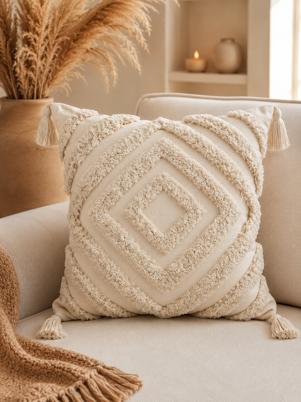 Housse de Coussin Touffetée 100% Coton — Détail Texturé