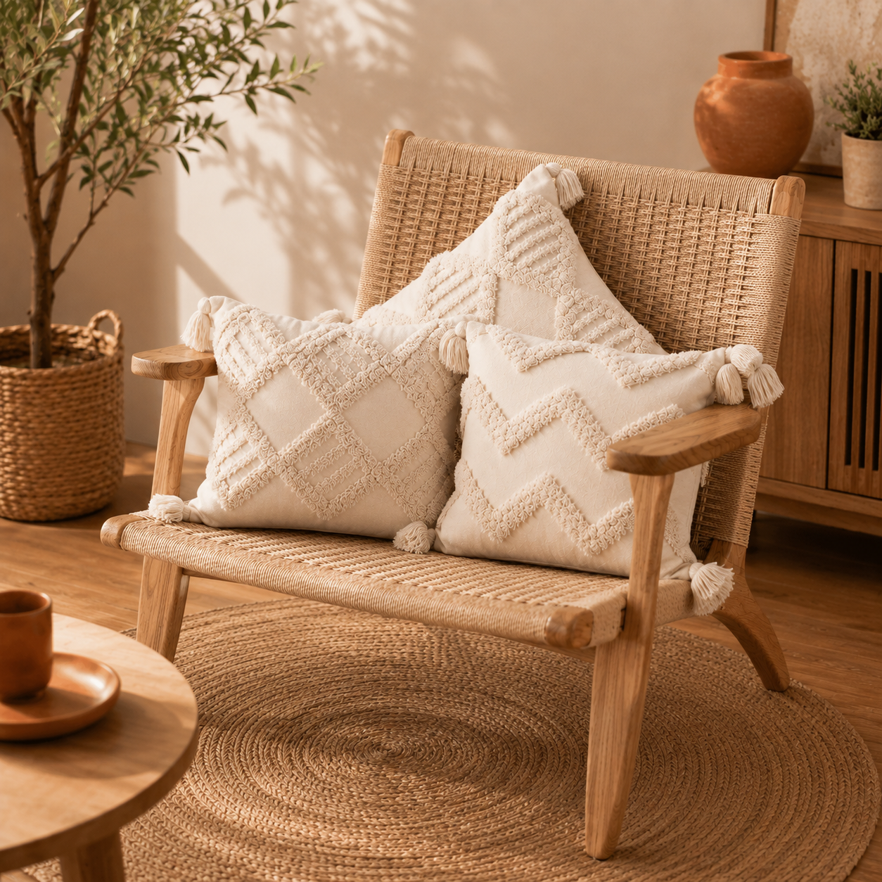 Housse de Coussin Touffetée 100% Coton — Détail Texturé