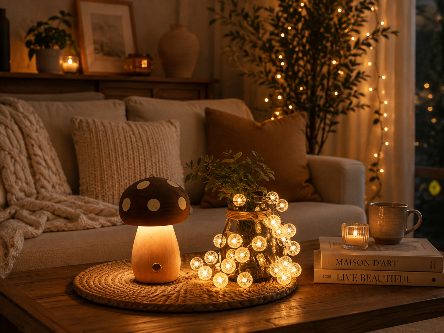 Lampe Champignon Bois Massif — Veilleuse Cosy Lumière Douce