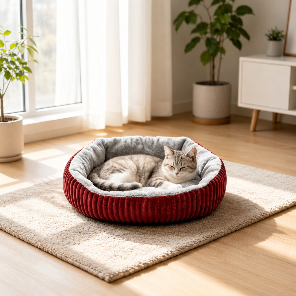 Panier Rond pour Chat Velours Côtelé — Cocon Douillet Félin