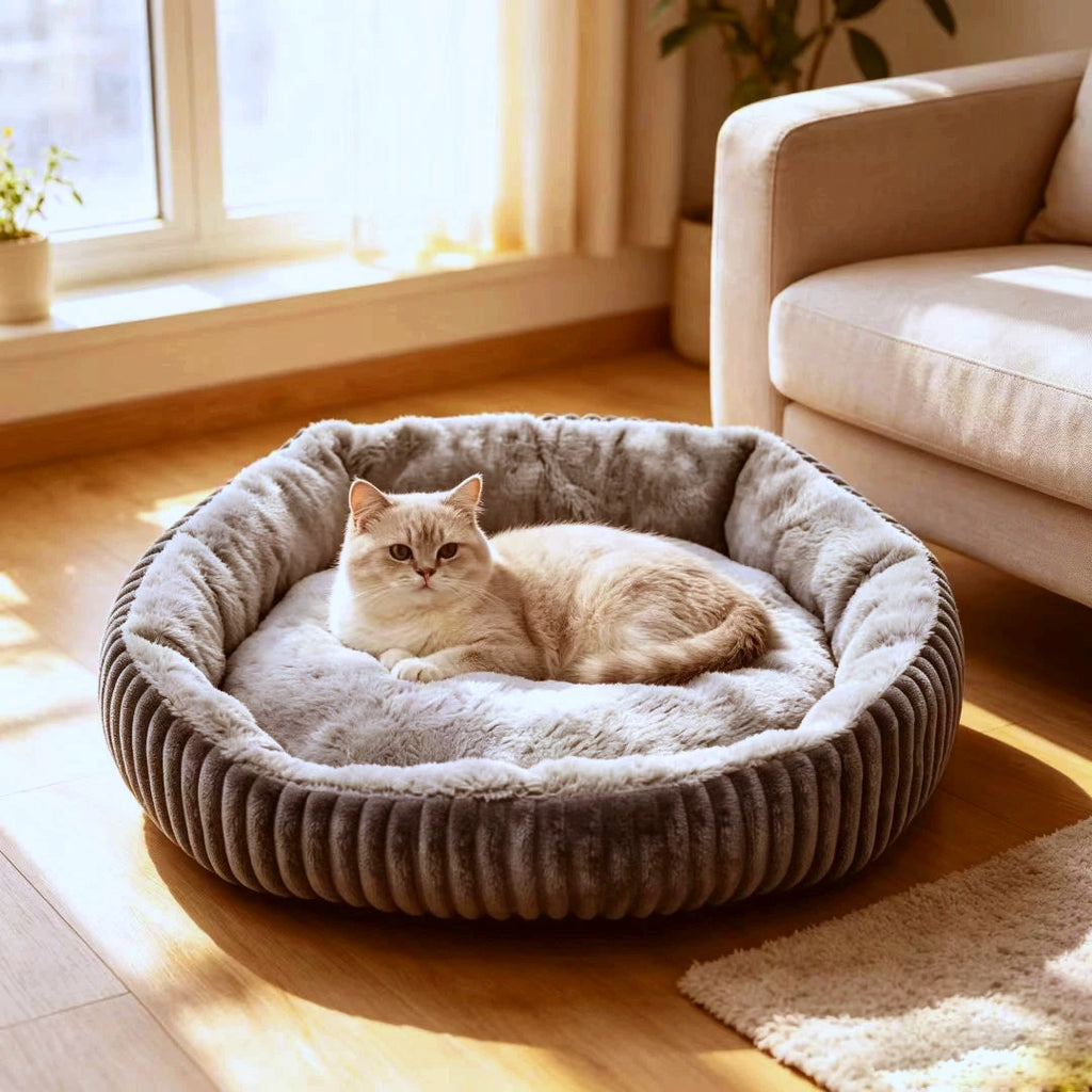 Panier Rond pour Chat Velours Côtelé — Cocon Douillet Félin